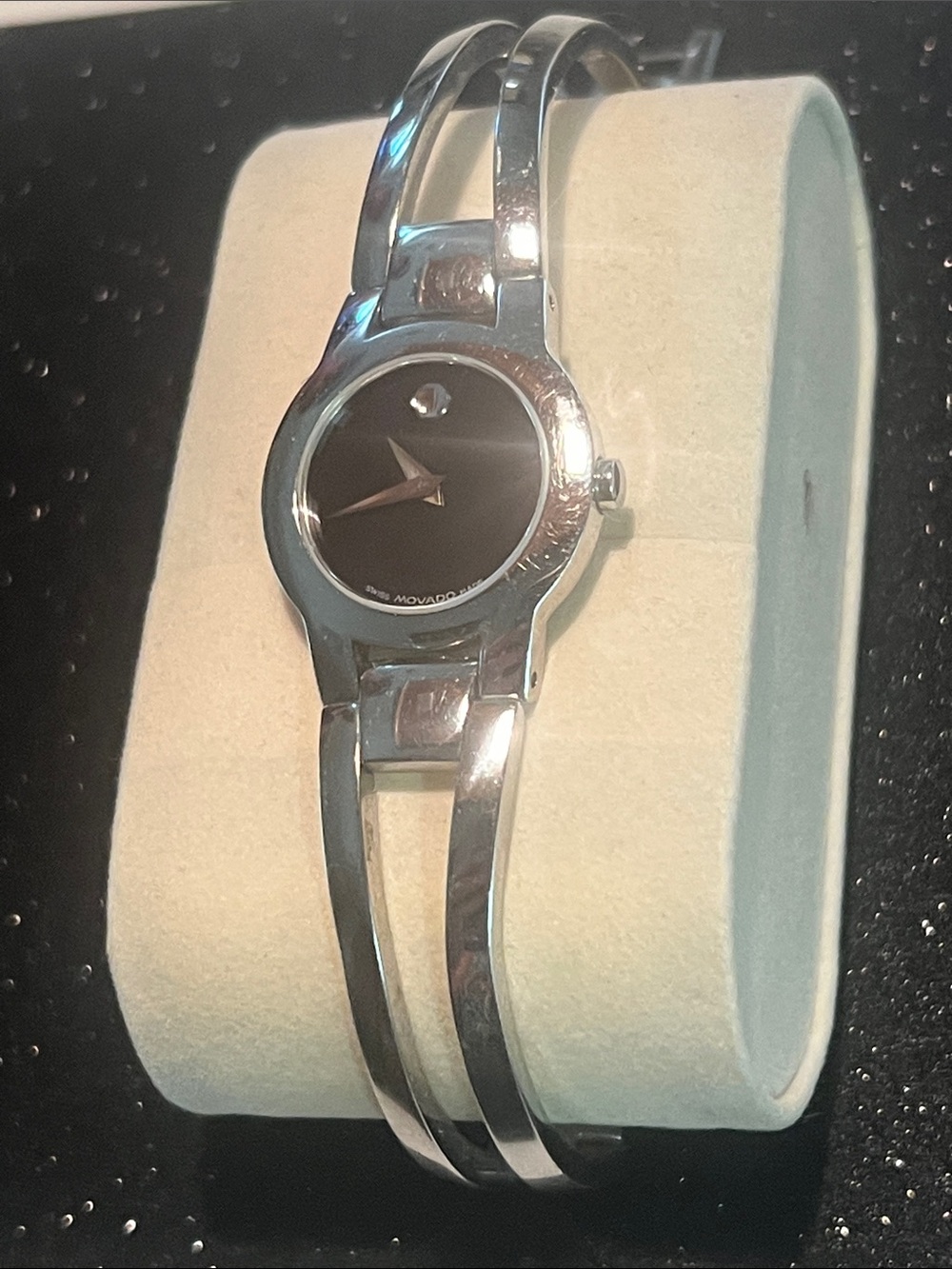 Movado Women's Silver-Tone Bangle Watch with Black Dial